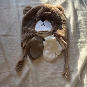 Source Unknown Brown and White Bear Hat with Mittens